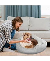 Details Pet Cave Bed, Calming Hooded Dog Bed with Pouch for Small Dogs and Cats, Herringbone Canvas Fleece Deep Dish