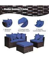 Sugift 4 Pieces Ottoman Garden Patio Rattan Wicker Furniture Set with Cushion-Navy