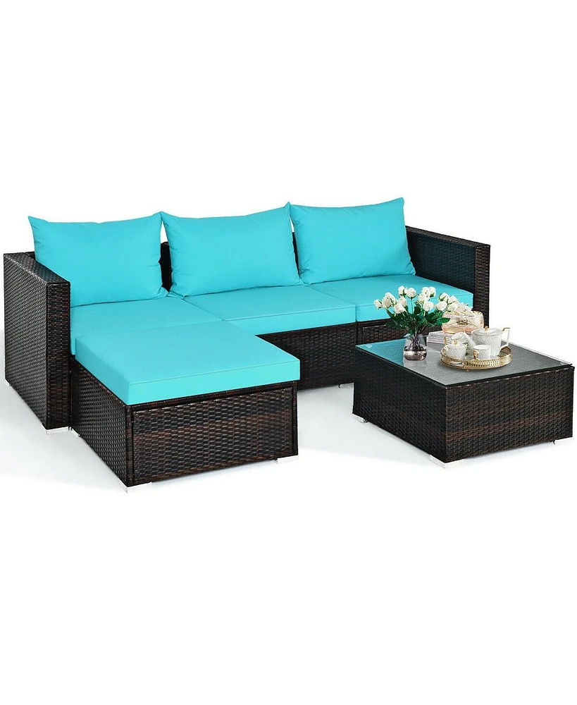 Sugift 5 Pieces Patio Rattan Furniture Set with Coffee Table-Turquoise