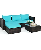 Sugift 5 Pieces Patio Rattan Furniture Set with Coffee Table-Turquoise