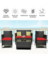 Sugift 4 Pieces Comfortable Rattan Outdoor Conversation Furniture Set with Glass Table