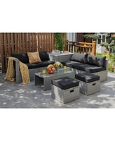 Sugift 8 Pieces Patio Rattan Furniture Set with Storage Waterproof Cover and Cushion-Black