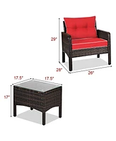 Sugift 3 Pcs Outdoor Patio Rattan Conversation Set with Seat Cushions-Red