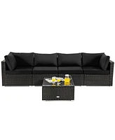 Sugift 5 Pieces Cushioned Patio Rattan Furniture Set with Glass Table-Black