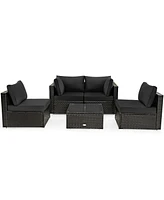 Sugift 5 Pieces Cushioned Patio Rattan Furniture Set with Glass Table-Black