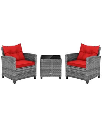 Sugift 3 Pieces Outdoor Wicker Conversation Set with Tempered Glass Tabletop-Red