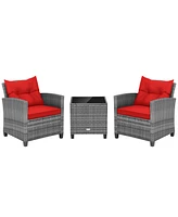 Sugift 3 Pieces Outdoor Wicker Conversation Set with Tempered Glass Tabletop-Red