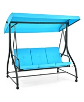 Sugift 3 Seat Outdoor Porch Swing with Adjustable Canopy-Blue