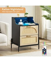 gaomon Rattan Nightstand with Charging Station and Led Lights, Bedside Table with 2 Storage Rattan Drawer, Storage End Table, Black