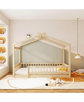 Slickblue Wooden House Bed Frame with Fence for Kids' Room Fun and Safe Sleeping Space