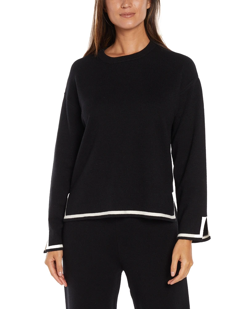 Three Dots Women's Hazel Contrast-Trim Split-Cuff Sweater