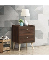 Sugift 2-Drawer Nightstand Beside End Side Table with Rubber Legs-Brown