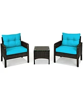 Sugift 3 Pcs Outdoor Patio Rattan Conversation Set with Seat Cushions-Turquoise