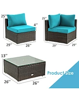 Sugift 5 Pieces Cushioned Patio Rattan Furniture Set with Glass Table-Turquoise