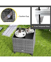 Sugift 3 Pieces Outdoor Wicker Conversation Set with Tempered Glass Tabletop-Black