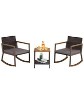 Sugift 3 Pieces Rattan Rocking Bistro Set with Coffee Table and Cushions-Gray