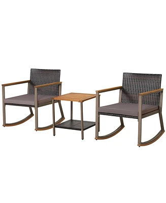 Sugift 3 Pieces Rattan Rocking Bistro Set with Coffee Table and Cushions-Gray