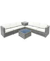 Sugift 8 Piece Wicker Sofa Rattan Dinning Set Patio Furniture with Storage Table-White