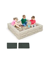 Sugift 2-In-1 Hdpe Kids Sandbox with Cover and Bottom Liner-White