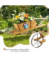 Sugift Wooden Wagon Planter with 9 Magnetic Accessories for Garden Yard-Walnut