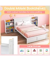 Sugift Kids Wooden Platform Bed with Trundle Storage Headboard-Full Size