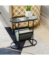 Slickblue Set of 2 Glass Oval Small Side Tables with Magazine Organizer, Perfect for Living Room and Small Spaces