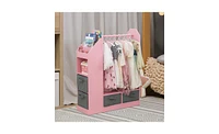 Slickblue Kids Open Hanging Armoire Closet with Mirror, Pink Costume Organizer Rack for Dress-Up Storage