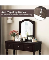 Sugift Makeup Vanity Table and Stool Set with Detachable Mirror and 3 Drawers Storage-Walnut
