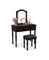 Sugift Makeup Vanity Table and Stool Set with Detachable Mirror and 3 Drawers Storage-Walnut