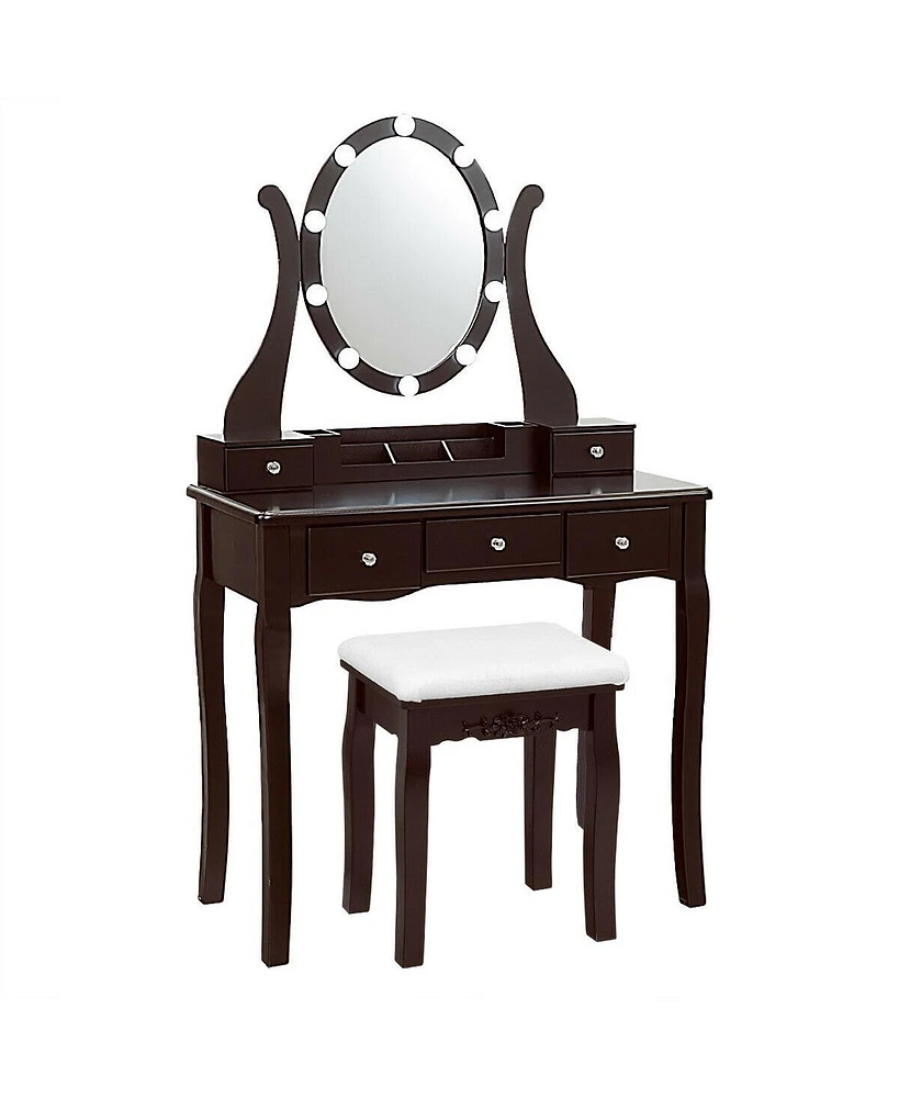 Sugift 10 Dimmable Lights Vanity Table Set with Lighted Mirror and Cushioned Stool-Coffee