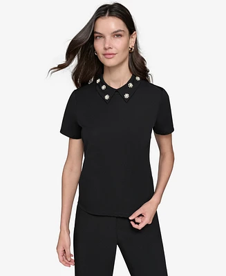 Karl Lagerfeld Paris Women's Embellished Collar Ponte-Knit Top