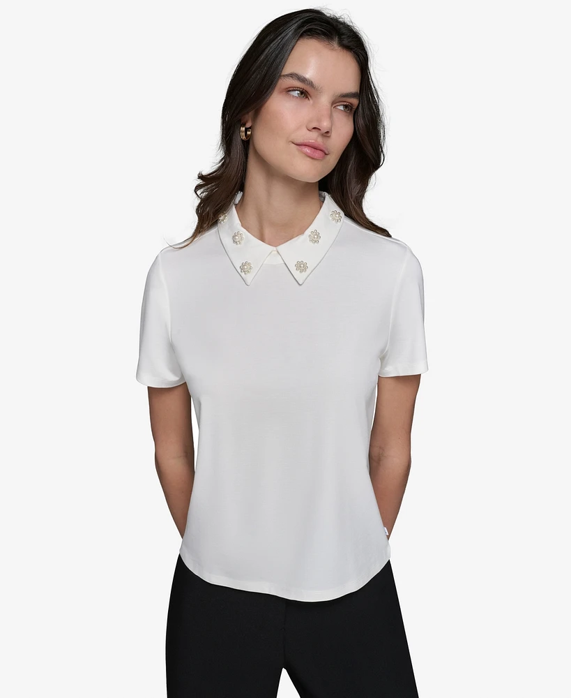 Karl Lagerfeld Paris Women's Embellished Collar Ponte-Knit Top