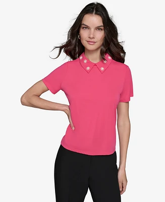 Karl Lagerfeld Paris Women's Embellished Collar Ponte-Knit Top