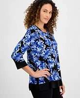 Ak Anne Klein Petite 3/4-Sleeve Solid-Trim Printed Tunic