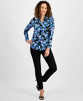 Ak Anne Klein Petite Long-Sleeve V-Neck Collar Printed Top