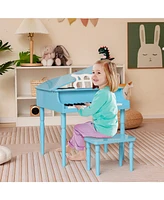 Sugift 30-Key Wood Toy Kids Grand Piano with Bench and Music Rack-Blue