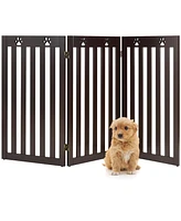 Sugift 36 Inch Folding Wooden Freestanding Pet Gate Dog Gate with 360° Flexible Hinge-Dark Brown