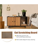 Sugift Cat Litter Box Enclosure with Divider and Double Doors-Coffee