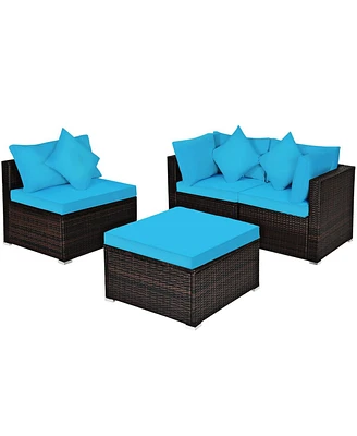 Sugift 4 Pcs Ottoman Garden Deck Patio Rattan Wicker Furniture Set Cushioned Sofa-Turquoise