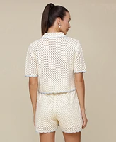 Avec Les Filles Women's Scallop Crochet Short Sleeve Cardigan