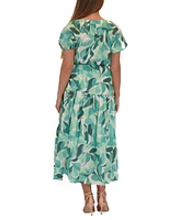 julia jordan Women's Printed Split-Neck Puff-Sleeve Dress