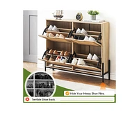 gaomon Natural Rattan Shoe Storage Cabinet, Freestanding Shoe Cabinet with 4 Flip Drawers, Modern Shoe Organizer with Adjustable Shelves, Ideal for Fr