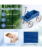 Sugift Wooden Wagon Plant Bed with Metal Wheels for Garden Yard Patio-Blue