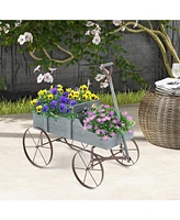 Sugift Wooden Wagon Plant Bed with Metal Wheels for Garden Yard Patio-Gray