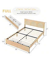 gaomon Queen Size Bed Frame With Natural Rattan Headboard, With Natural Rattan Headboard And 2 Storage Drawers, With Led And Metal Platform ,Boho Cane