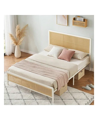 gaomon Rattan Bed Frame With Headboard And Footboard, Heavy Duty Metal Platform Bed Frame With Storage, Easy Assembly, No Box Spring Needed, Mattress