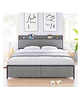 gaomon King Size Bed Frame With 2 Drawers And Shelf Headboard, Charging Station With Usb Port & Outlets, Upholstered Heavy Duty Platform Bed Frame Wit