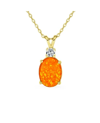 Bling Jewelry Classic Simple Cz Accent 5CT 8x10MM Oval Solitaire Mexican Orange Created Opal Pendant Necklace For Women .925 Sterling Silver 16