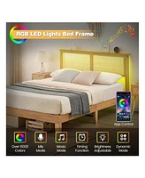 Rattan Bed Frame Full With Natural Rattan Headboard,Full Bed Frame With Led Lights,Rattan Full Bed Frame With Headboard,Solid Wood Foundation With Sil