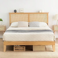 gaomon Rattan Bed Frame Queen With Natural Rattan Headboard,Queen Bed Frame With Led Lights,Rattan Queen Bed Frame With Headboard,Solid Wood Foundatio